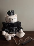 BDSM Black Leather Stuffed Bear, metal leash lace up corset ruffle collar crown king queen bondage erotic sexy kinky plushie animal toy gift