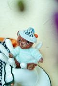 3.94-Inch Jointed Baby Teddy Bear | Brown Wool Felt with Pastel Blue Knit Sweater & Hat | Handmade Art, Personalized Gift, Christmas Decor