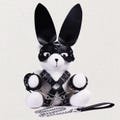 BDSM Black Leather Stuffed Bear, metal leash handcuffs harness bunny ear blindfold mask, bondage erotic sexy kinky plushie animal toy gift