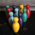 Mini wooden Bowling Pin set of 10 multi color vintage toy game - FREE SHIPPING