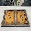 Ash Wood Backgammon Board Set Stylized with DOLLAR Design, Epoxy Resin Chips, Financial Theme, Friend Gift Personalized Game Board, IN STOCK