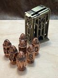 Locked and loaded solid metal bullet polyhedral dice with Metal “clip” storage