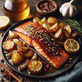 Recipe for Spiced Honey-Glazed Salmon with Garlic Roasted Potatoes