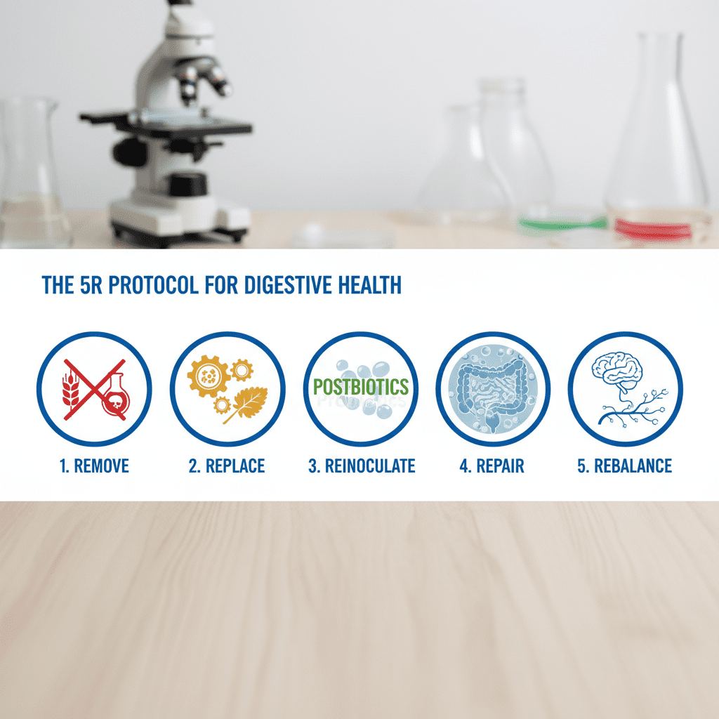 A step-by-step visual roadmap titled 'The 5R Protocol'. Steps: 1. Remove (Icons of gluten, toxins), 2. Replace (Icons of enzymes), 3. Reinoculate (Icon emphasizing Postbiotics over Probiotics), 4. Repair (Icon of mucosal lining healing), 5. Rebalance (Icon of brain/vagus nerve).