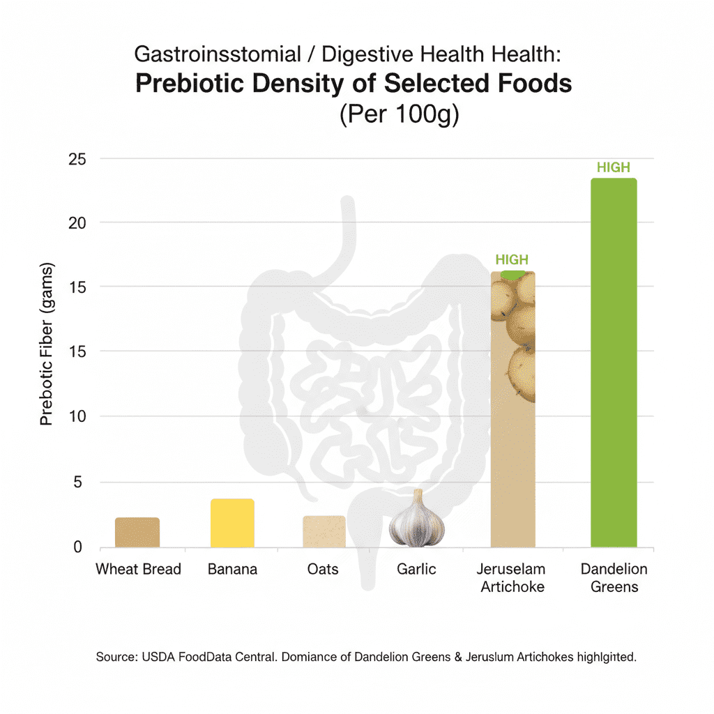 A bar chart visualizing the prebiotic density of these 5 foods compared to common foods like wheat bread (which is very low), highlighting the dominance of Dandelion Greens and Jerusalem Artichokes.