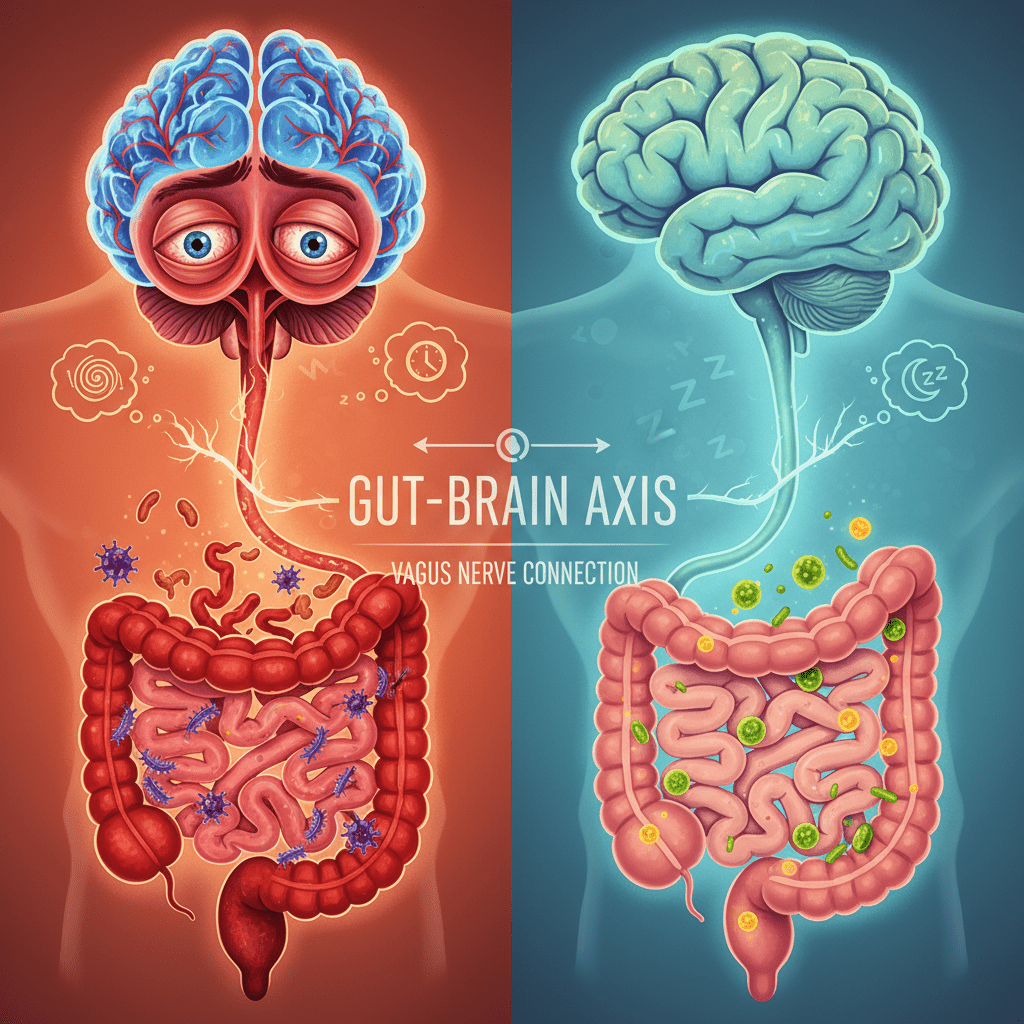 Illustration showing a split screen: one side shows a chaotic gut environment with a sleepless brain, the other shows a calm gut with a sleeping brain, highlighting the vagus nerve connection.