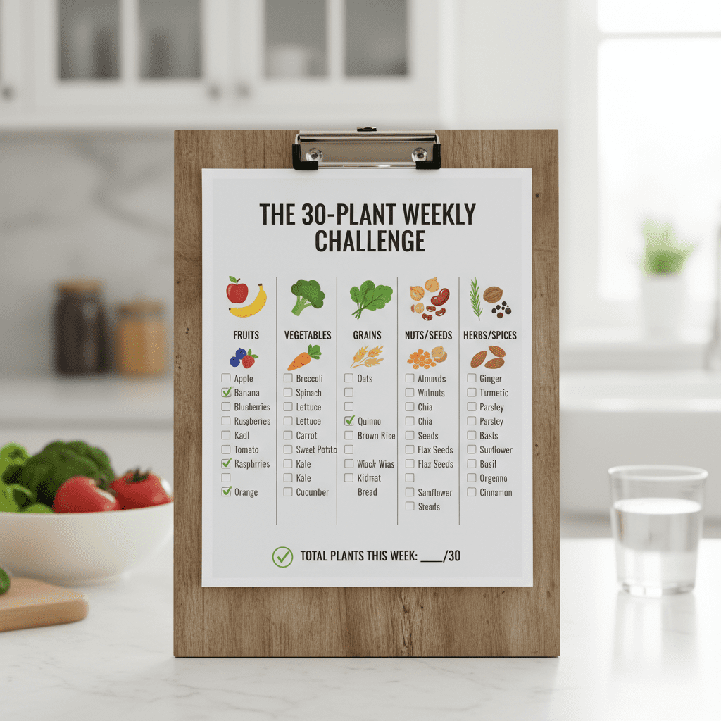 An infographic checklist titled 'The 30-Plant Weekly Challenge' categorizing foods into Fruits, Vegetables, Grains, Legumes, Nuts/Seeds, and Herbs/Spices.