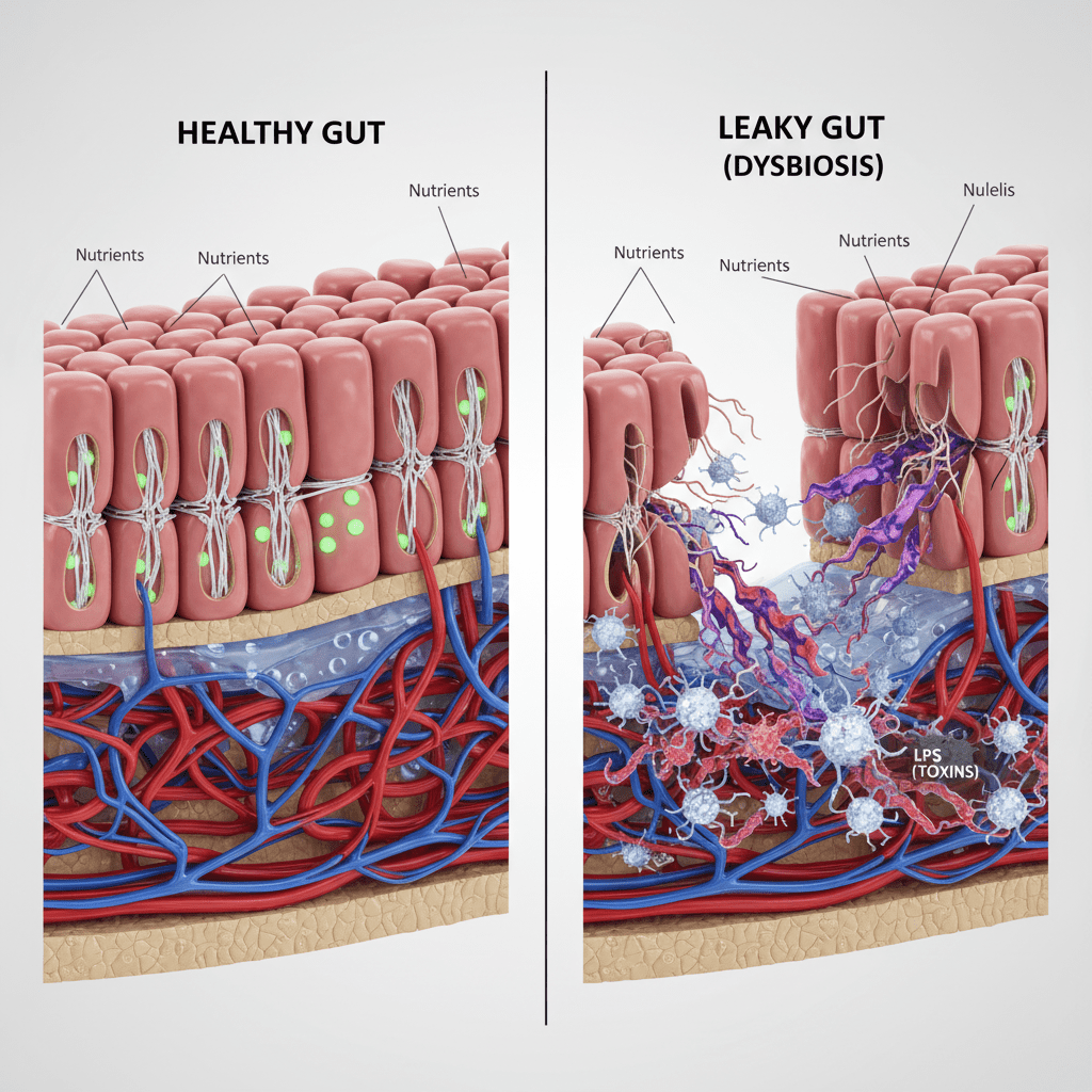 A high-quality split-screen 3D illustration. Left side: Healthy gut lining with tight junctions closed, nutrients absorbing efficiently. Right side: "Leaky" gut with gaps between cells, showing toxins (LPS) leaking into the bloodstream and immune cells attacking.