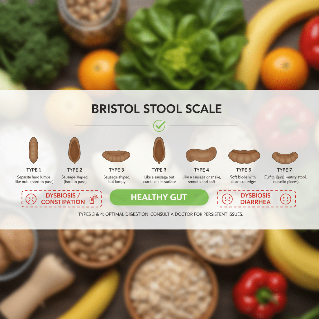 Bristol Stool Scale Overlay. A tasteful graphic showing Types 1-7, highlighting Type 3 and 4 as the "Healthy Gut" zone and others as signs of dysbiosis.