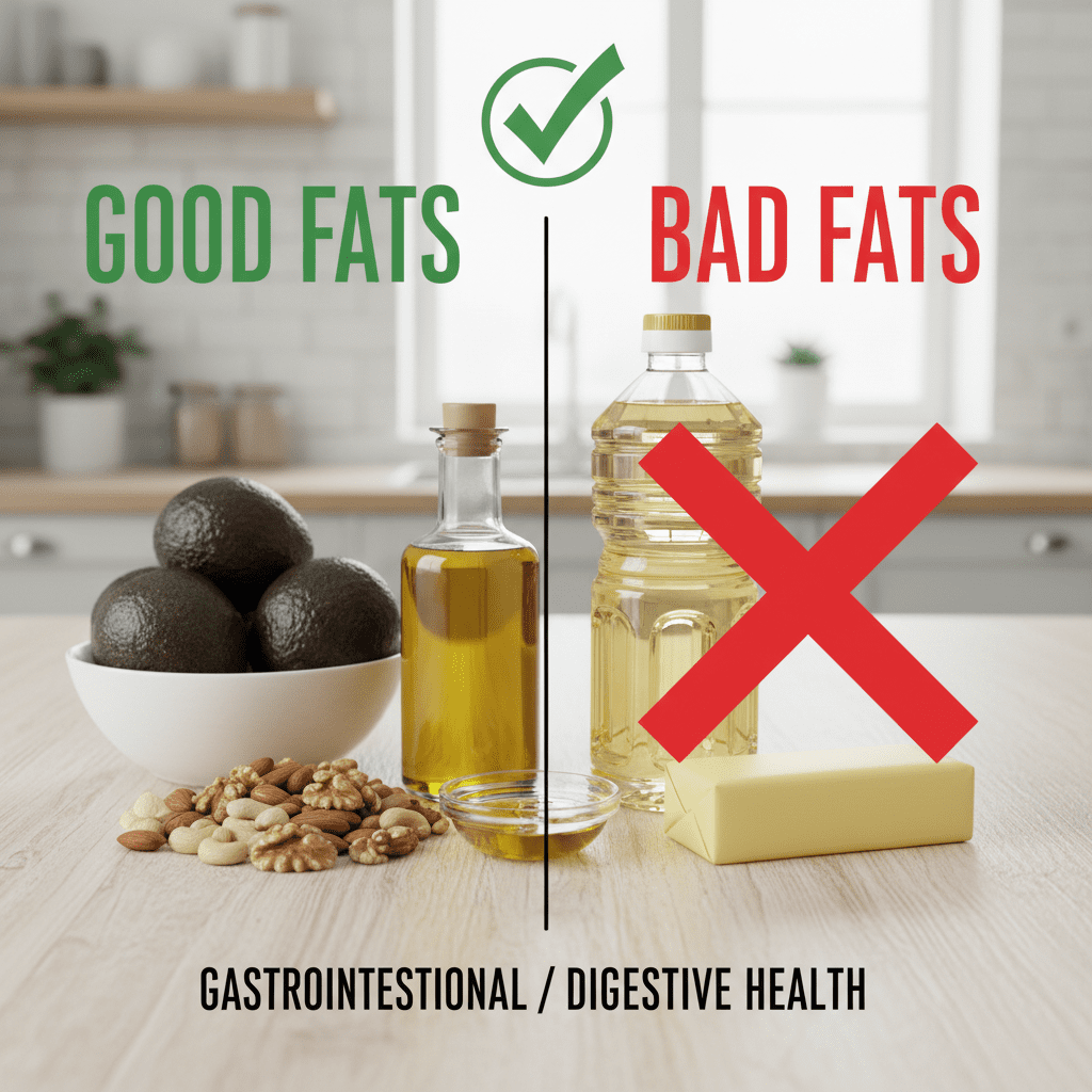 A chart comparing 'Good Fats' like avocado, olive oil, and nuts versus 'Bad Fats' like vegetable oil and margarine, with a red cross over the bad fats