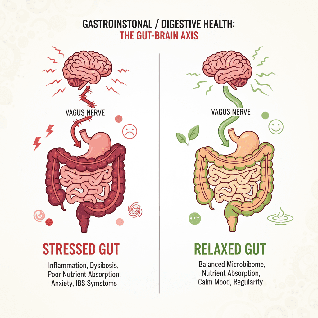 An infographic illustration comparing a 'Stressed Gut' versus a 'Relaxed Gut', highlighting the Vagus Nerve connection.