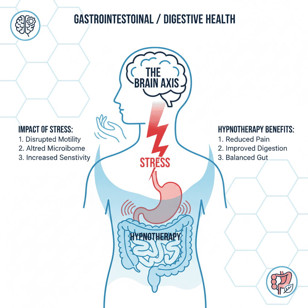 An infographic illustrating the "Gut-Brain Axis," showing a lightning bolt of stress traveling from the brain to the stomach, and a soothing wave representing hypnotherapy calming the connection.