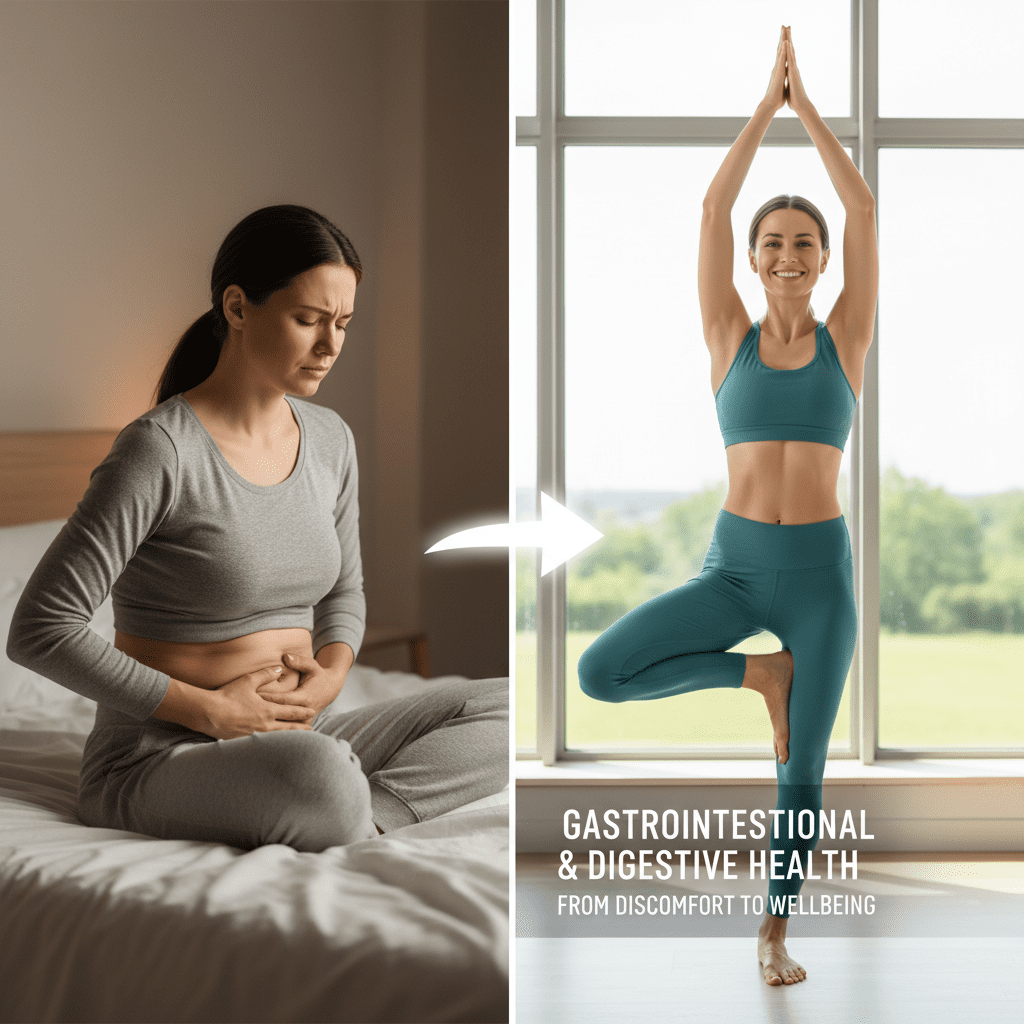 A split image showing a distressed woman holding her bloated stomach on the left, and the same woman looking relieved and happy in yoga clothes on the right, symbolizing the transition from pain to relief.
