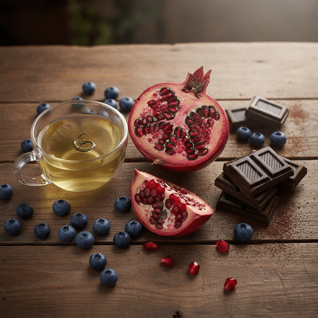 A vibrant flat-lay photography of polyphenol-rich foods: cut pomegranates, dark chocolate squares, a cup of green tea, and blueberries on a wooden table.