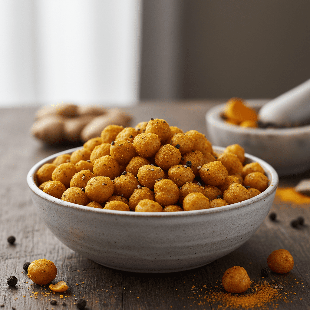A close-up shot of golden, crispy roasted chickpeas sprinkled with turmeric and black pepper in a ceramic bowl.