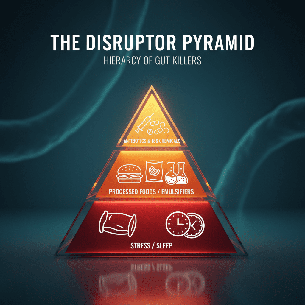 The Disruptor Pyramid infographic. Base: Stress/Sleep -> Middle: Processed Foods/Emulsifiers -> Top: Antibiotics & 168 Chemicals. Visualizing the hierarchy of gut killers.