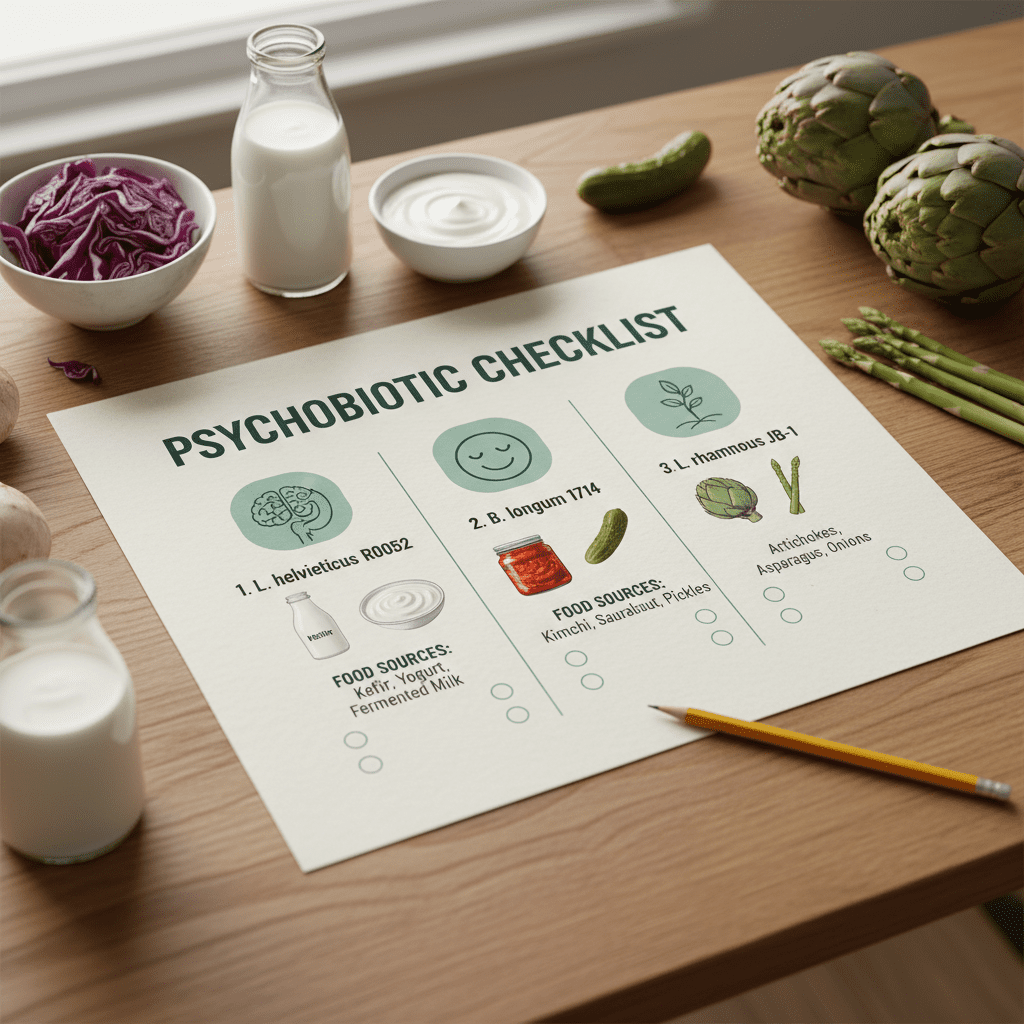 A "Psychobiotic Checklist" graphic displaying the three key strains (L. helveticus R0052, B. longum 1714, L. rhamnosus JB-1) alongside food sources like kefir, kimchi, and artichokes.