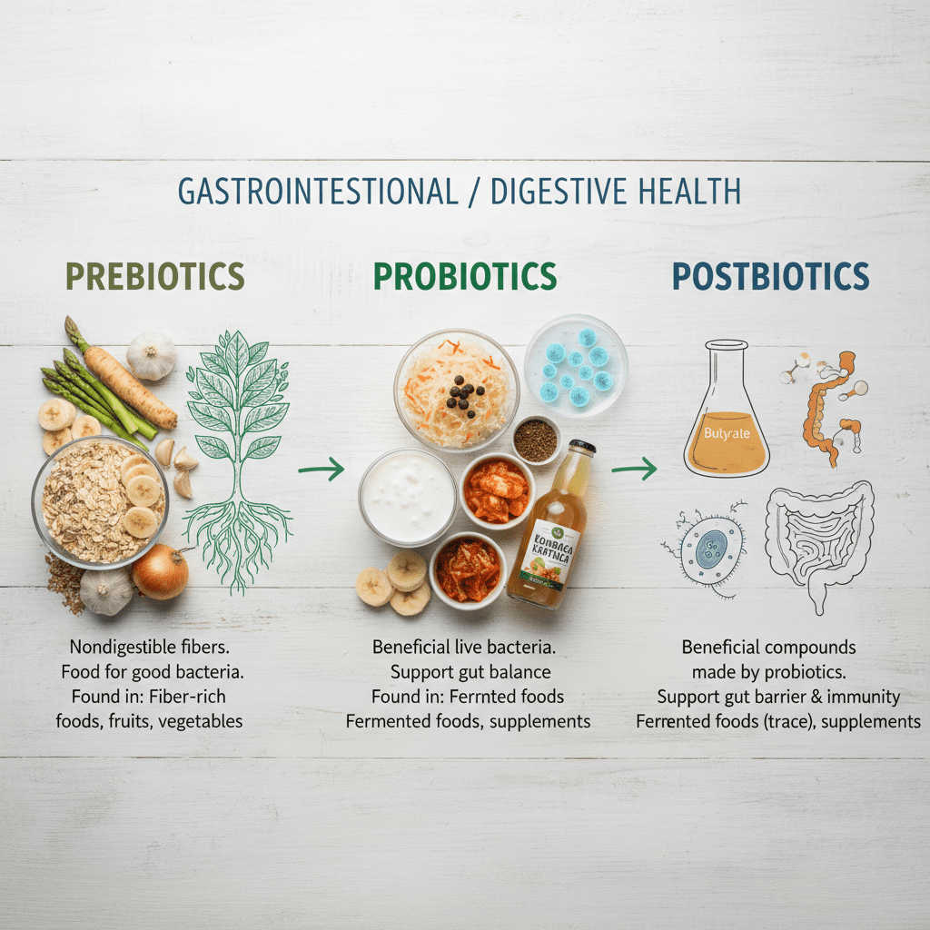 Infographic illustrating the difference between Prebiotics, Probiotics, and Postbiotics