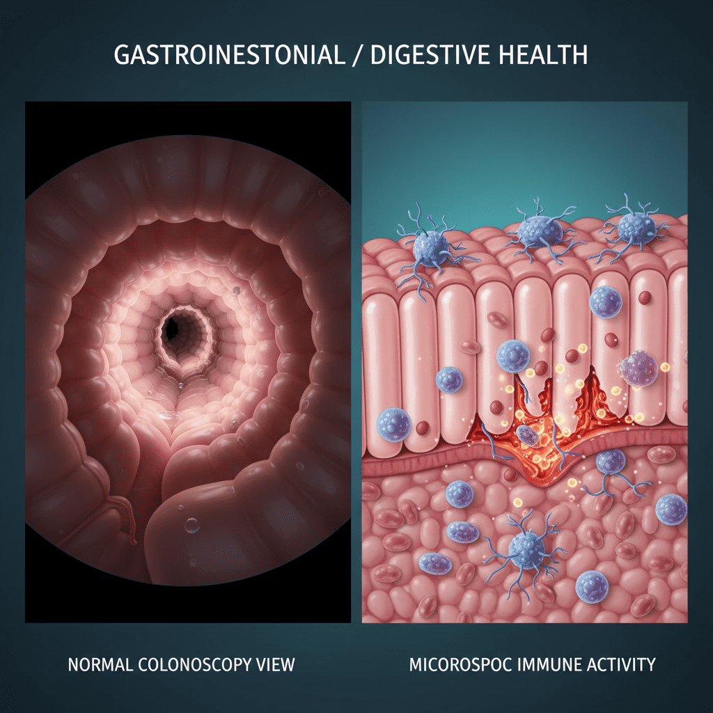 A split-screen medical illustration showing a 'normal' colonoscopy view on the left and a 'microscopic view' on the right revealing immune cells attacking the lining.