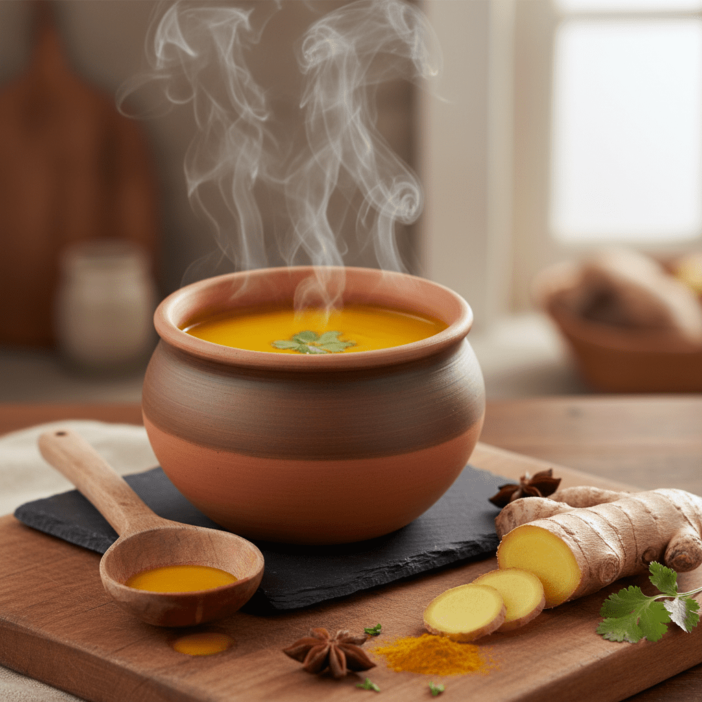 A pot of bright orange turmeric-ginger soup with steam rising, next to a ladle and fresh ginger root