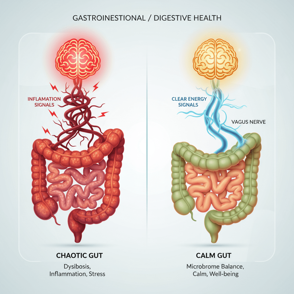 A split infographic showing a 'Chaotic' gut with inflammation signals traveling to the brain versus a 'Calm' gut sending clear energy signals via the Vagus nerve