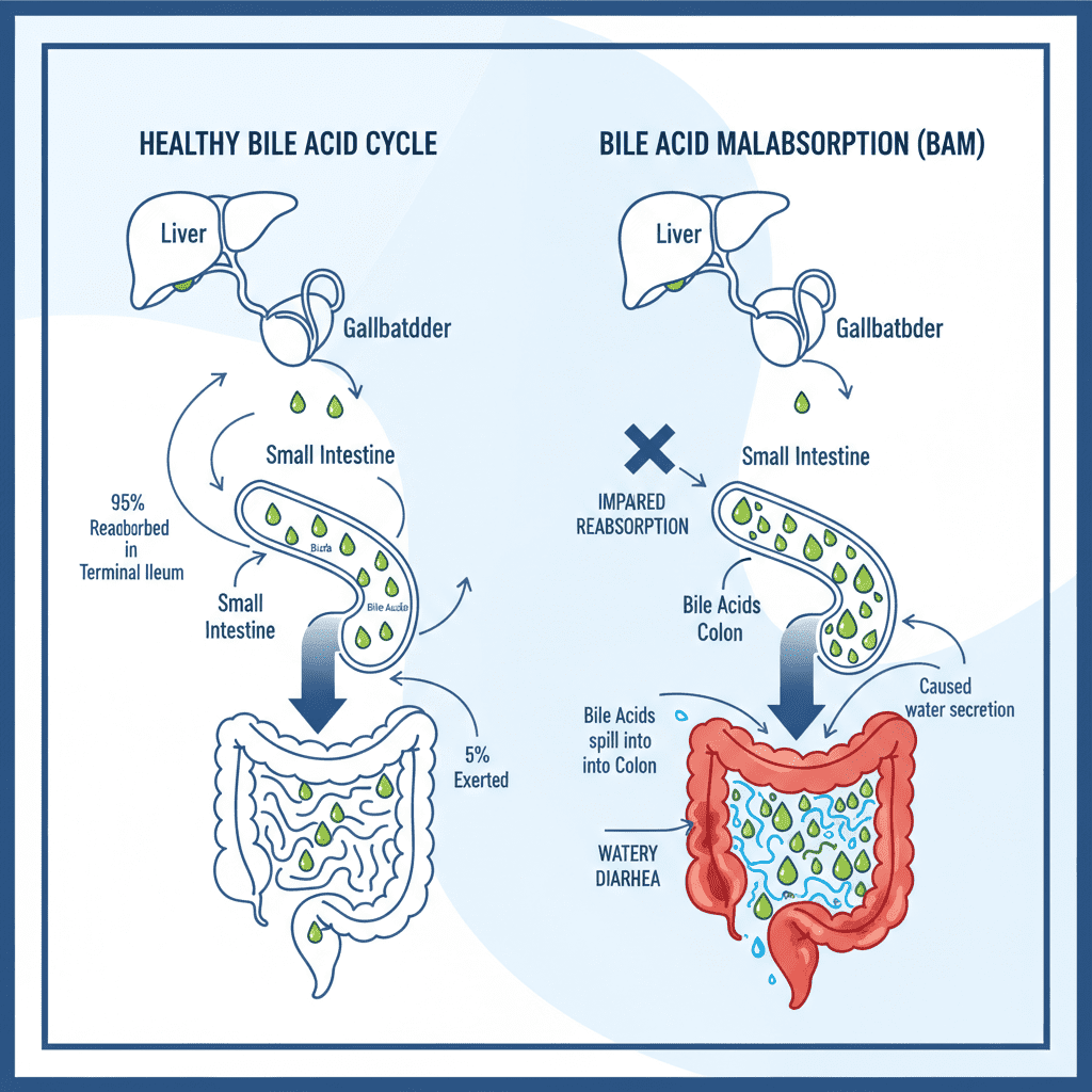 An infographic comparing a healthy bile acid cycle versus Bile Acid Malabsorption, showing bile acids spilling into the colon and causing watery diarrhea.