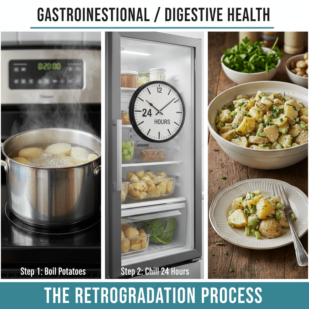 Step-by-step visual guide showing a pot of boiling potatoes, a clock showing 24 hours in a fridge, and a plate of potato salad, labeled 'The Retrogradation Process'.