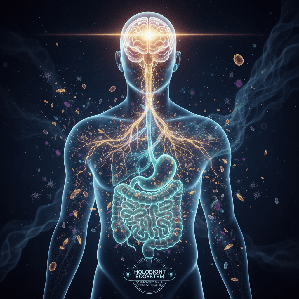Conceptual illustration of the human body as a 'Holobiont' ecosystem, showing glowing connections between the gut and brain.