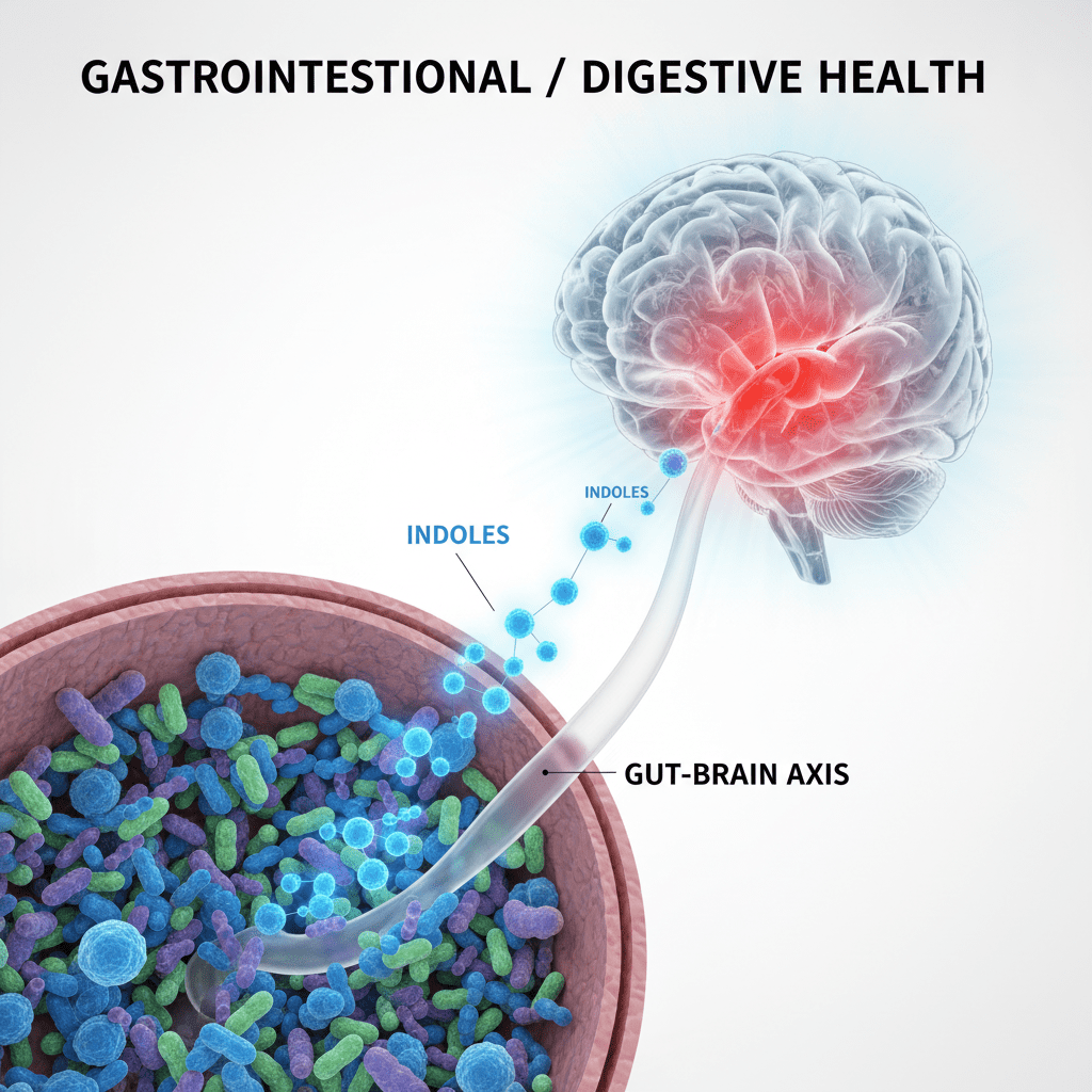 A 3D illustration of gut bacteria producing 'indoles' which travel to the brain and soothe a glowing red amygdala