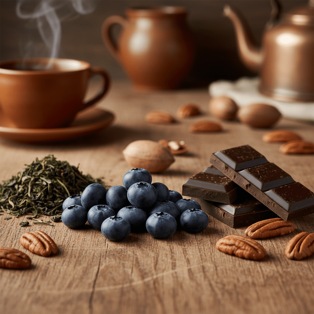 A vibrant close-up photo of polyphenol-rich foods: blueberries, dark chocolate squares, green tea leaves, and pecans arranged artistically on a wooden table.