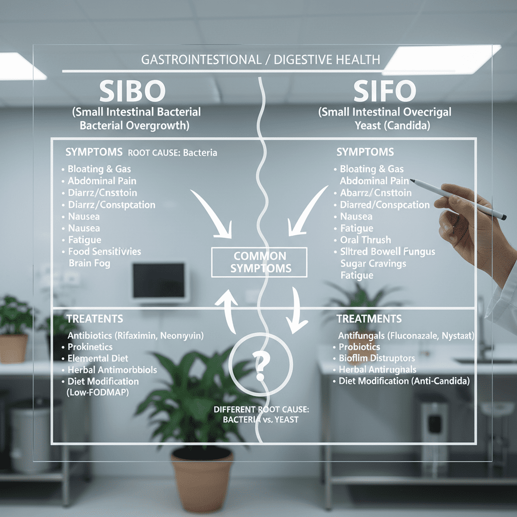 A chart comparing SIBO vs. SIFO symptoms and treatments, highlighting the overlap in symptoms but the difference in root cause (Bacteria vs. Yeast).