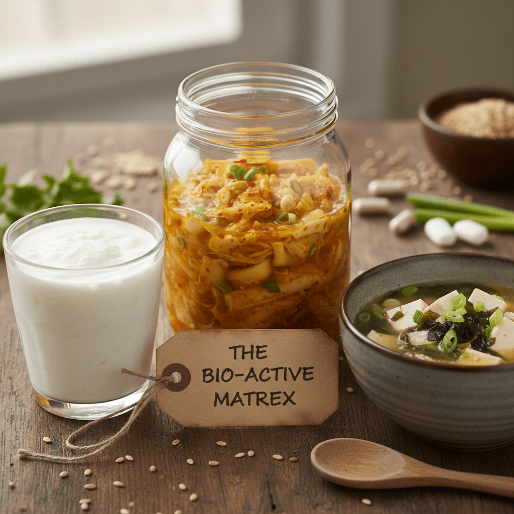 A close-up, appetizing photo of a variety of fermented foods: a jar of golden kimchi, a glass of thick kefir, and a bowl of miso soup, labeled "The Bio-Active Matrix."