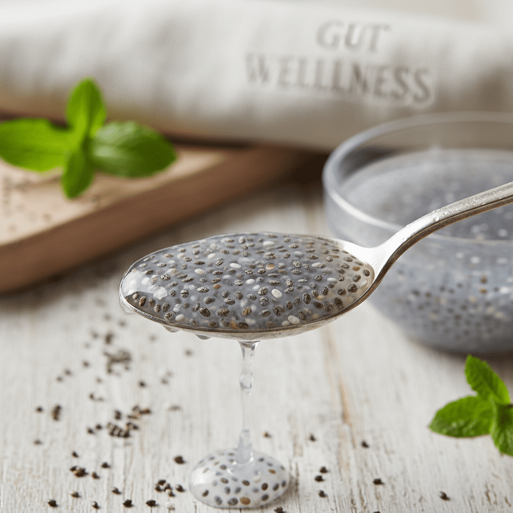 Close-up shot of a spoon holding chia seeds turning into gel, demonstrating texture