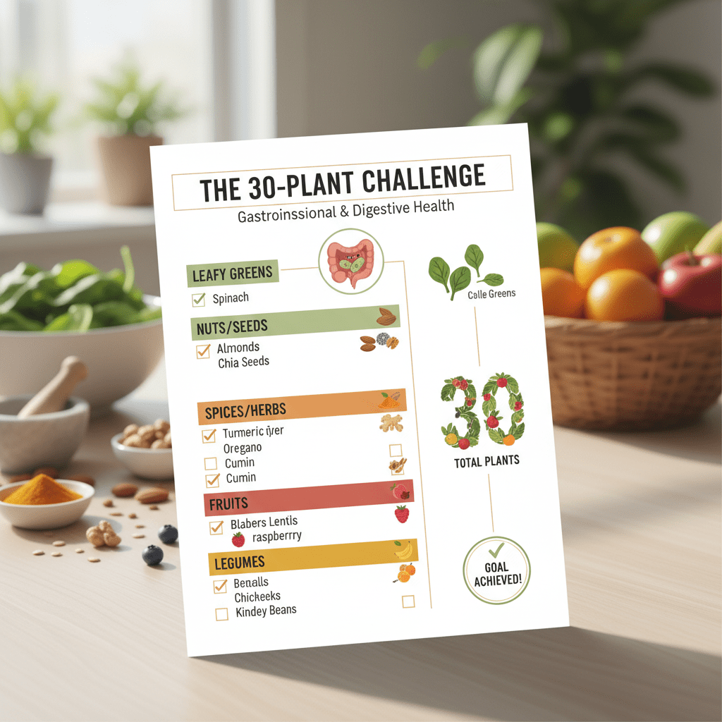 An infographic checklist titled "The 30-Plant Challenge." It visualizes different categories: Leafy Greens, Nuts/Seeds, Spices, Fruits, Legumes, showing how easily they add up to 30.