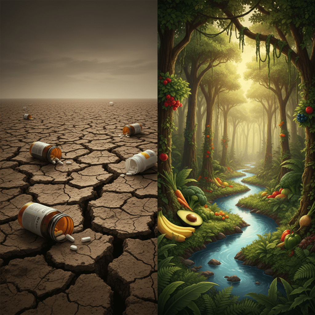 A split conceptual illustration. Left side shows a dry, cracked earth representing a damaged gut with pill bottles. Right side shows a lush, vibrant rainforest ecosystem representing a diverse microbiome with whole foods.