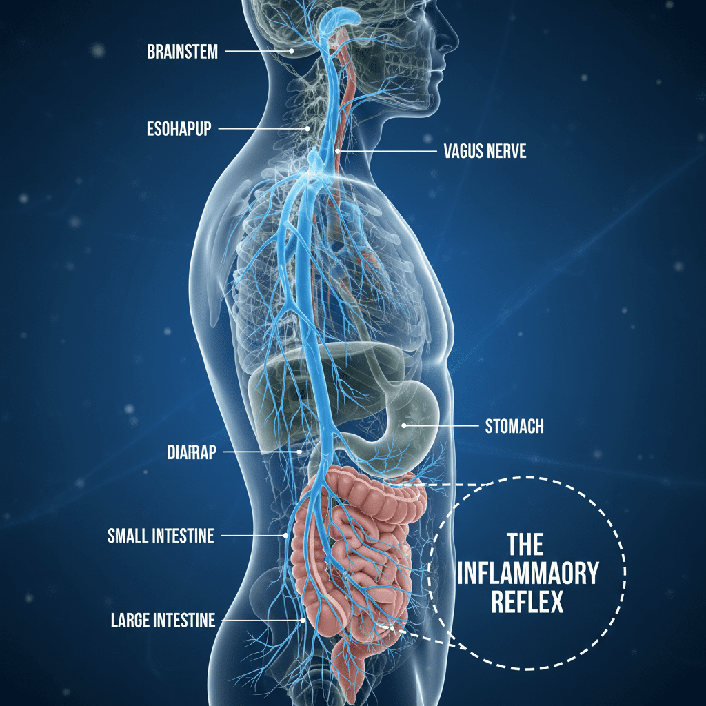 Detailed diagram of the Vagus Nerve pathway, starting from the brainstem, traveling down the neck, and branching into the stomach and intestines, labeled 'The Inflammatory Reflex'
