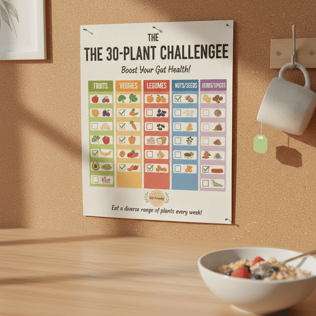 A colorful checklist graphic titled 'The 30-Plant Challenge' showing various categories of plant foods