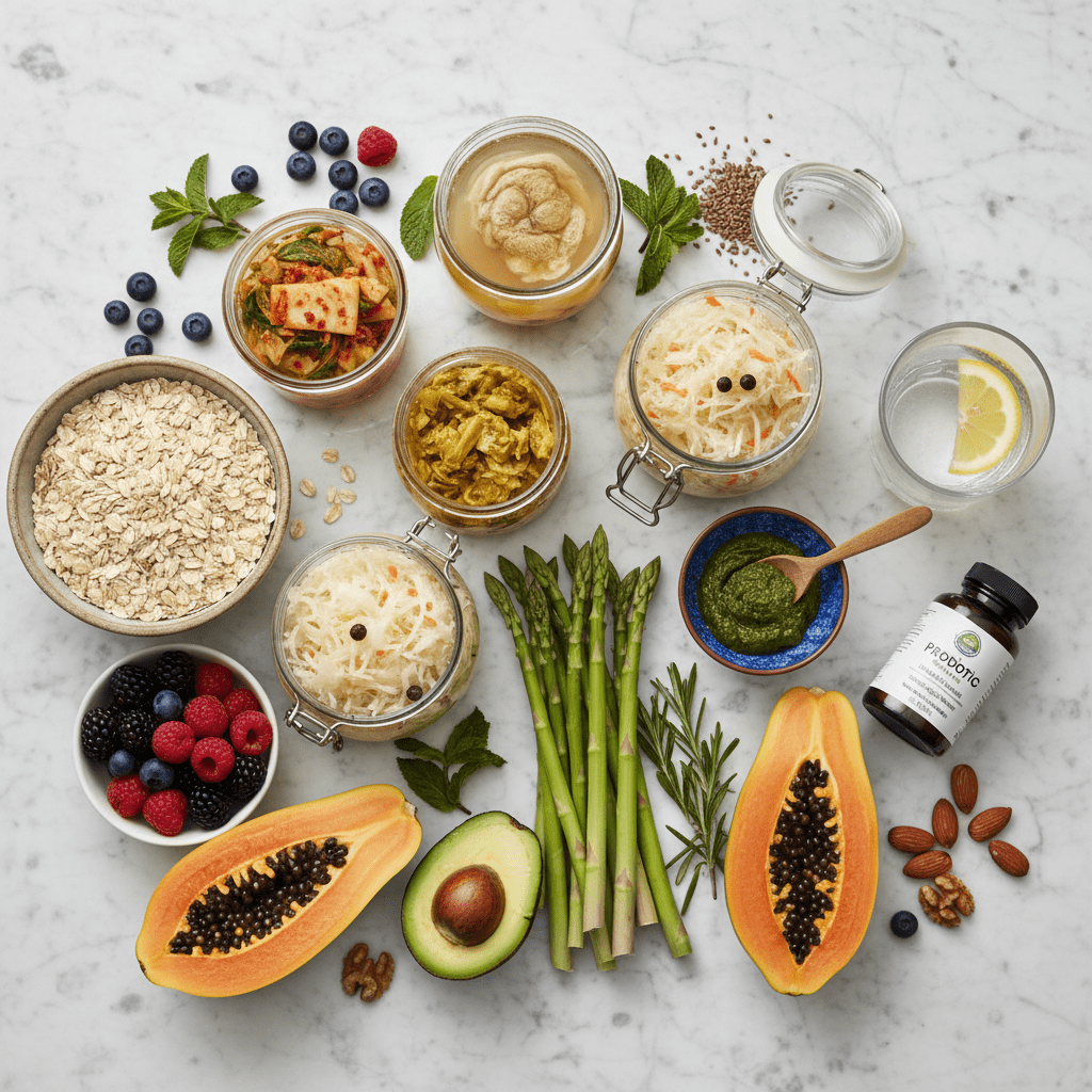 A vibrant, high-quality flat-lay photo of various fermented foods, fibers, and gut-healthy ingredients on a marble countertop