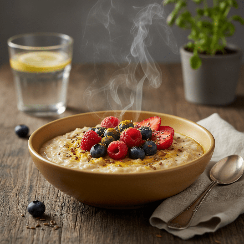 A warm, golden bowl of oatmeal topped with berries and a dusting of turmeric, steam rising, set on a rustic wooden table