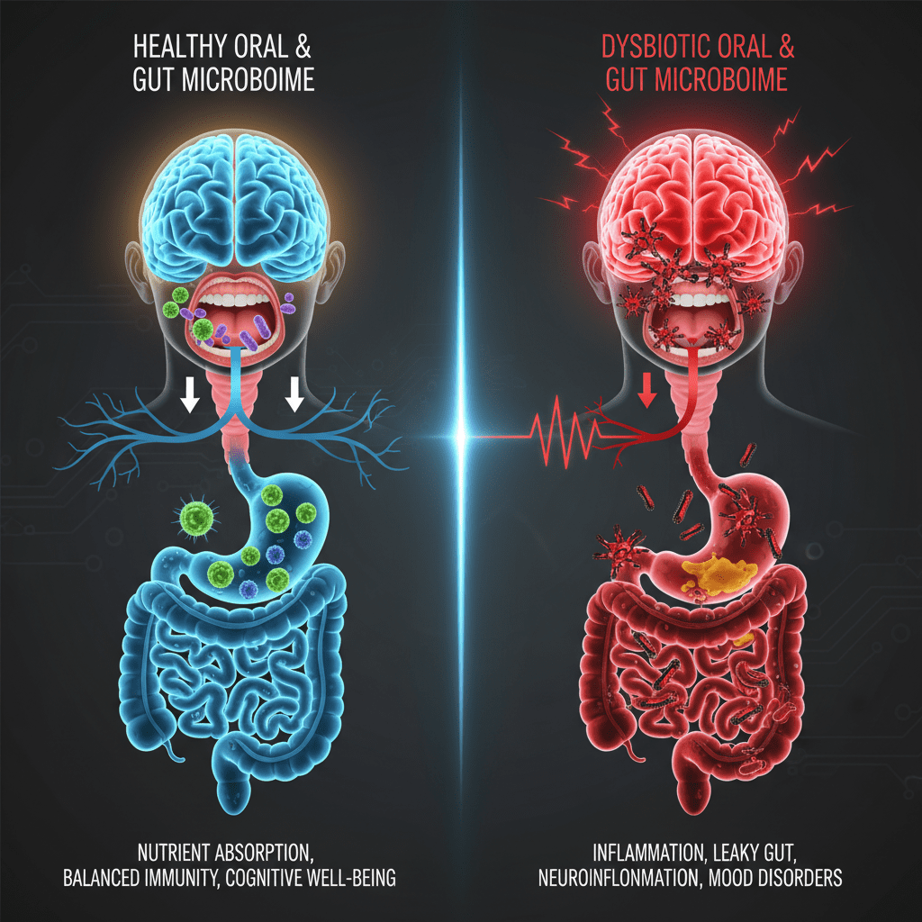 A split diagram comparing a healthy oral microbiome versus a dysbiotic one, showing the path of bacteria traveling down to the gut and affecting the brain.