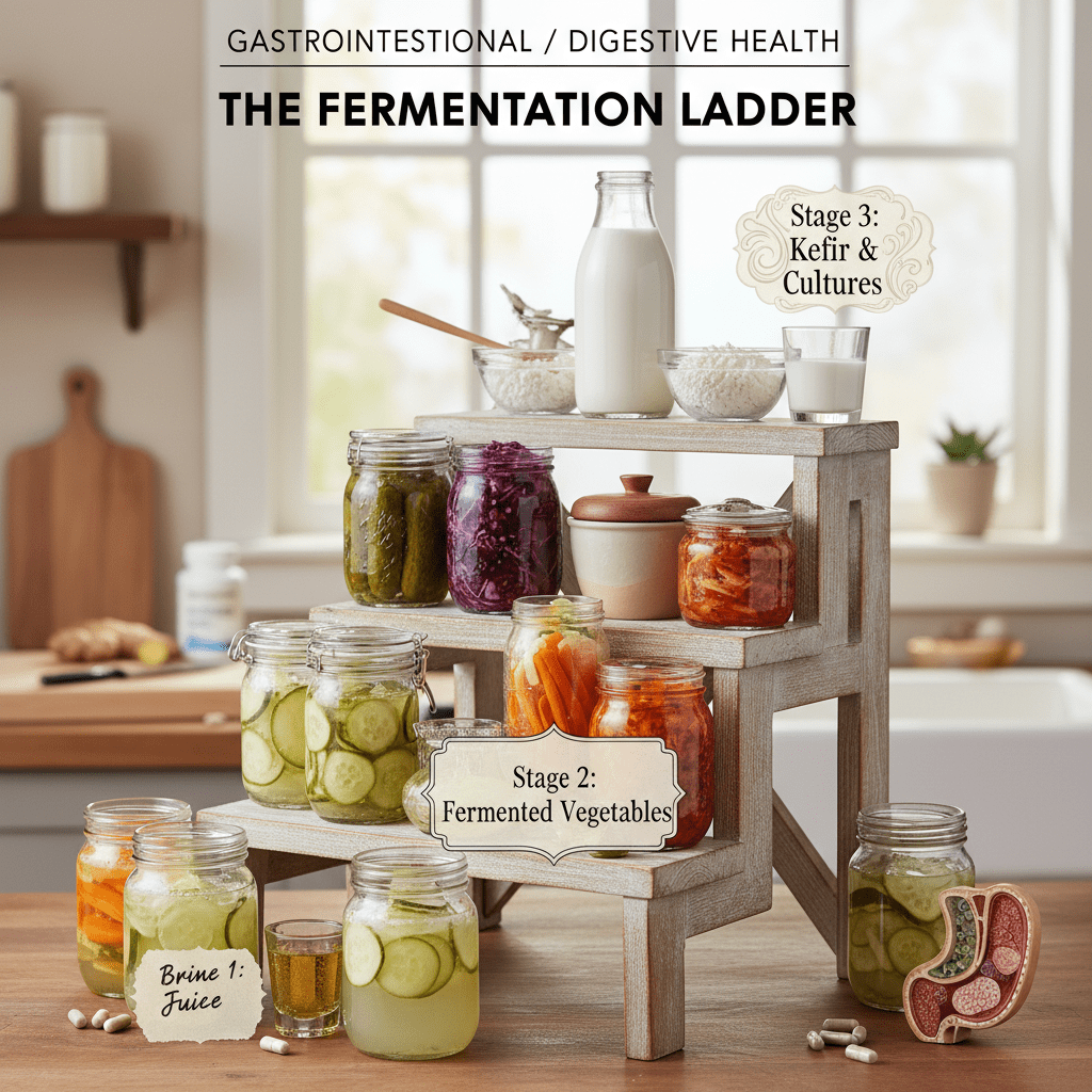 A visual representation of the 'Fermentation Ladder', showing steps from brine juice to whole fermented vegetables to kefir.