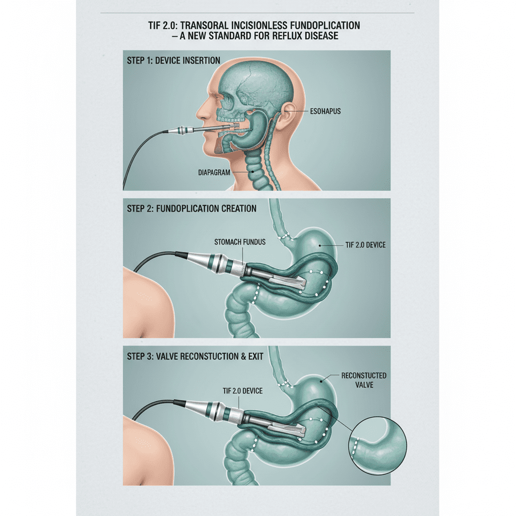 A step-by-step diagram showing how the TIF 2.0 device enters through the mouth and reconstructs the valve without any external incisions.