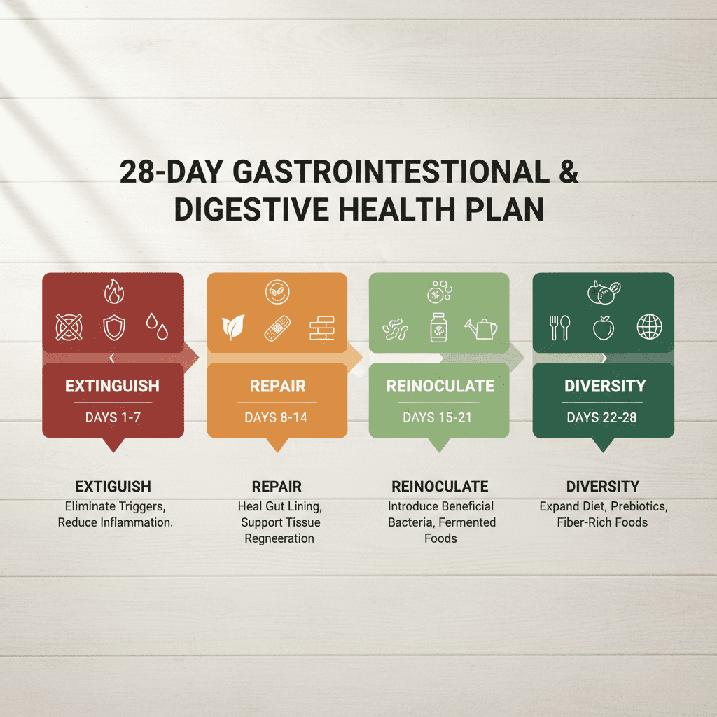 An infographic illustrating the timeline of the 28-day plan, split into four distinct color-coded phases: Extinguish, Repair, Reinoculate, Diversity.