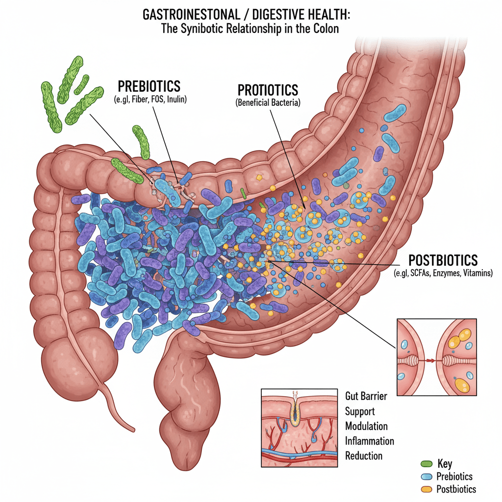 A detailed diagram showing the relationship between Prebiotics, Probiotics, and Postbiotics in the colon.