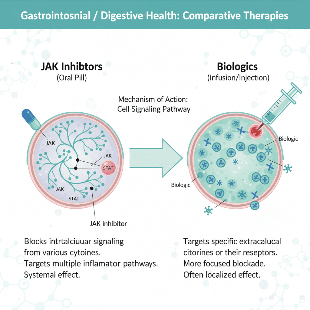 Comparative infographic showing the mechanism of action of JAK inhibitors (pill form) versus traditional Biologics (infusion/injection), emphasizing the cell signaling pathway