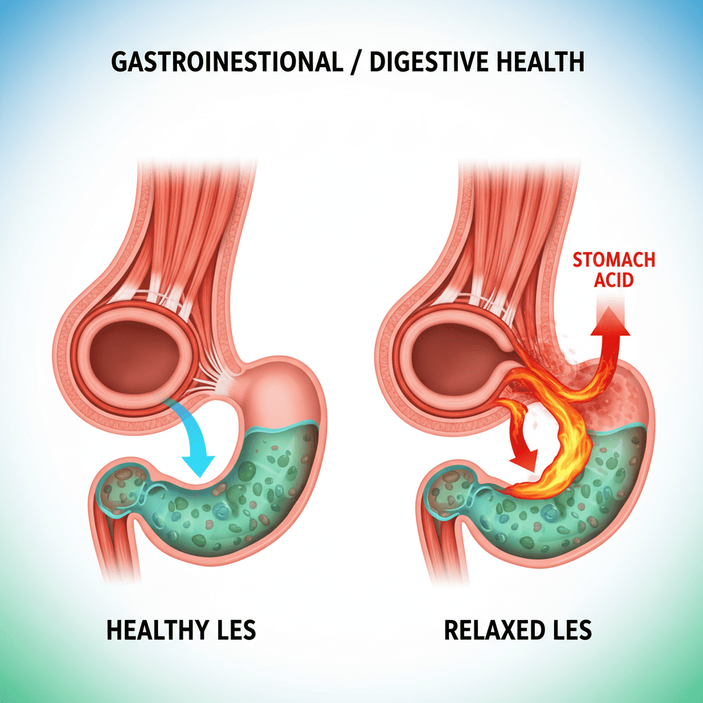 An anatomical illustration comparing a healthy Lower Esophageal Sphincter (LES) versus a relaxed LES allowing acid to escape, styled with a modern medical aesthetic.