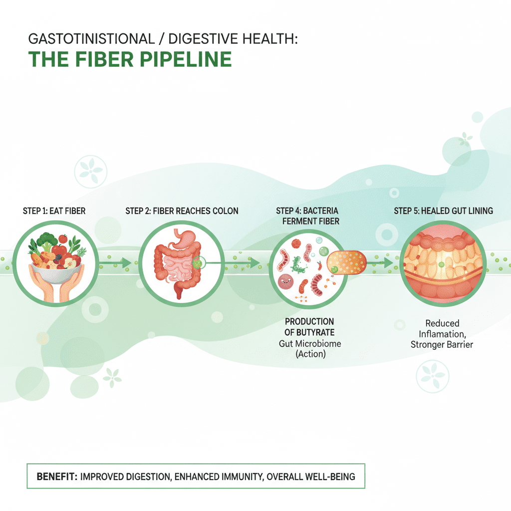 The Fiber Pipeline. Step 1: Eat Fiber -> Step 2: Fiber reaches Colon -> Step 3: Bacteria Ferment Fiber -> Step 4: Production of Butyrate -> Step 5: Healed Gut Lining.