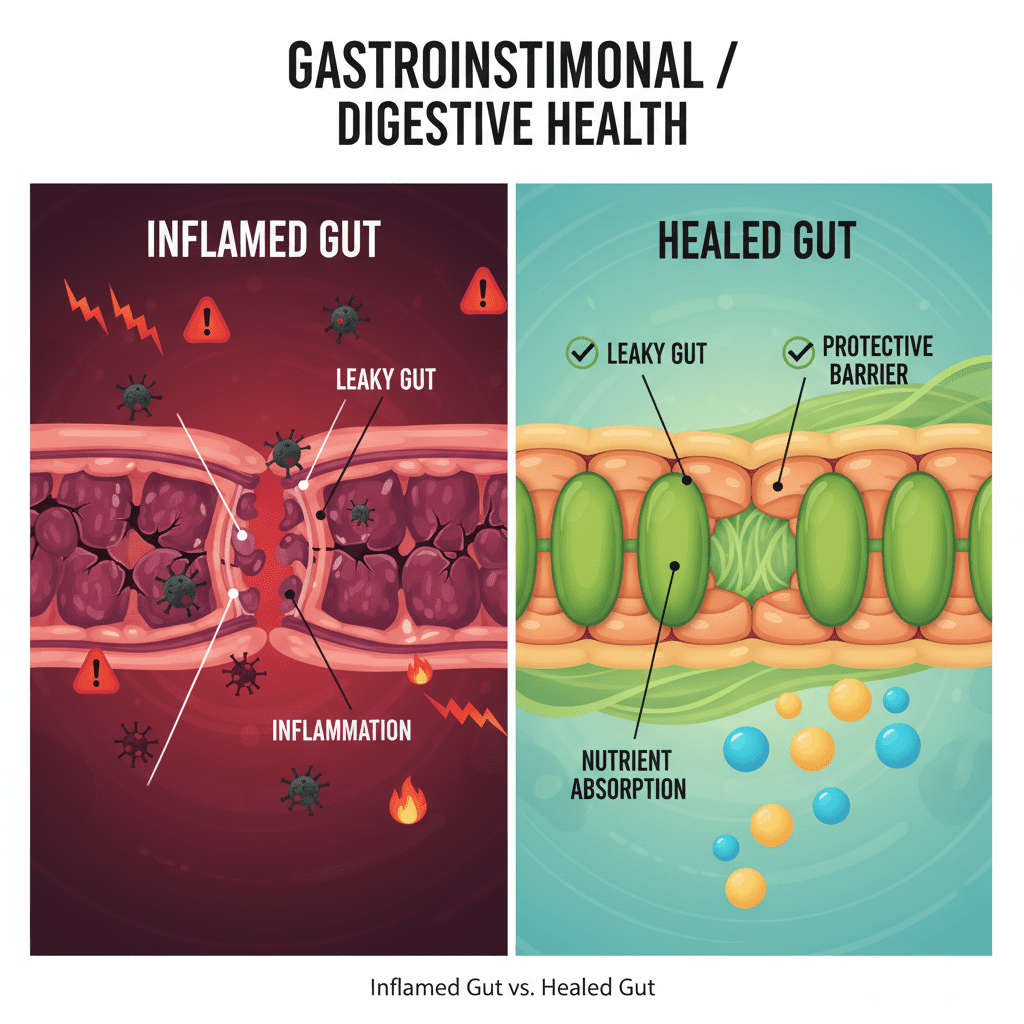 A split infographic showing a 'Inflamed Gut' with red warning signs versus a 'Healed Gut' with green protective barriers, illustrating the concept of Leaky Gut