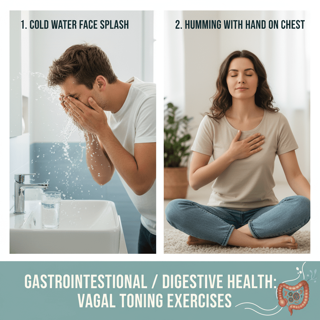 Step-by-step graphic showing 'DIY Vagal Toning' exercises: A person splashing cold water on their face and another person humming with hand on chest