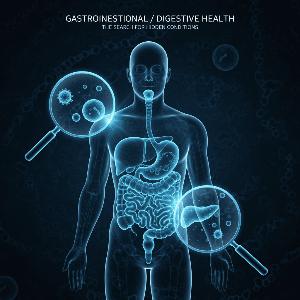 A conceptual illustration showing a silhouette of a human body with the digestive system highlighted in glowing blue, with magnifying glasses focusing on the small intestine and pancreas, symbolizing the search for hidden conditions.